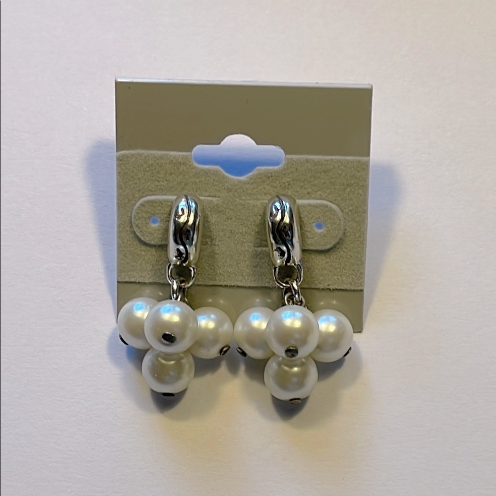 Brighton Silver White Pearl Dangle Drop Post Earrings EUC
